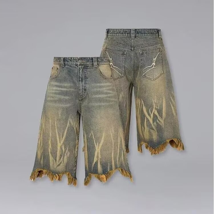 Men's And Women's Trendy Brand Dyed Yellow Mud Washed Distressed Denim Shorts Loose Five Point Style_mkmklike.com