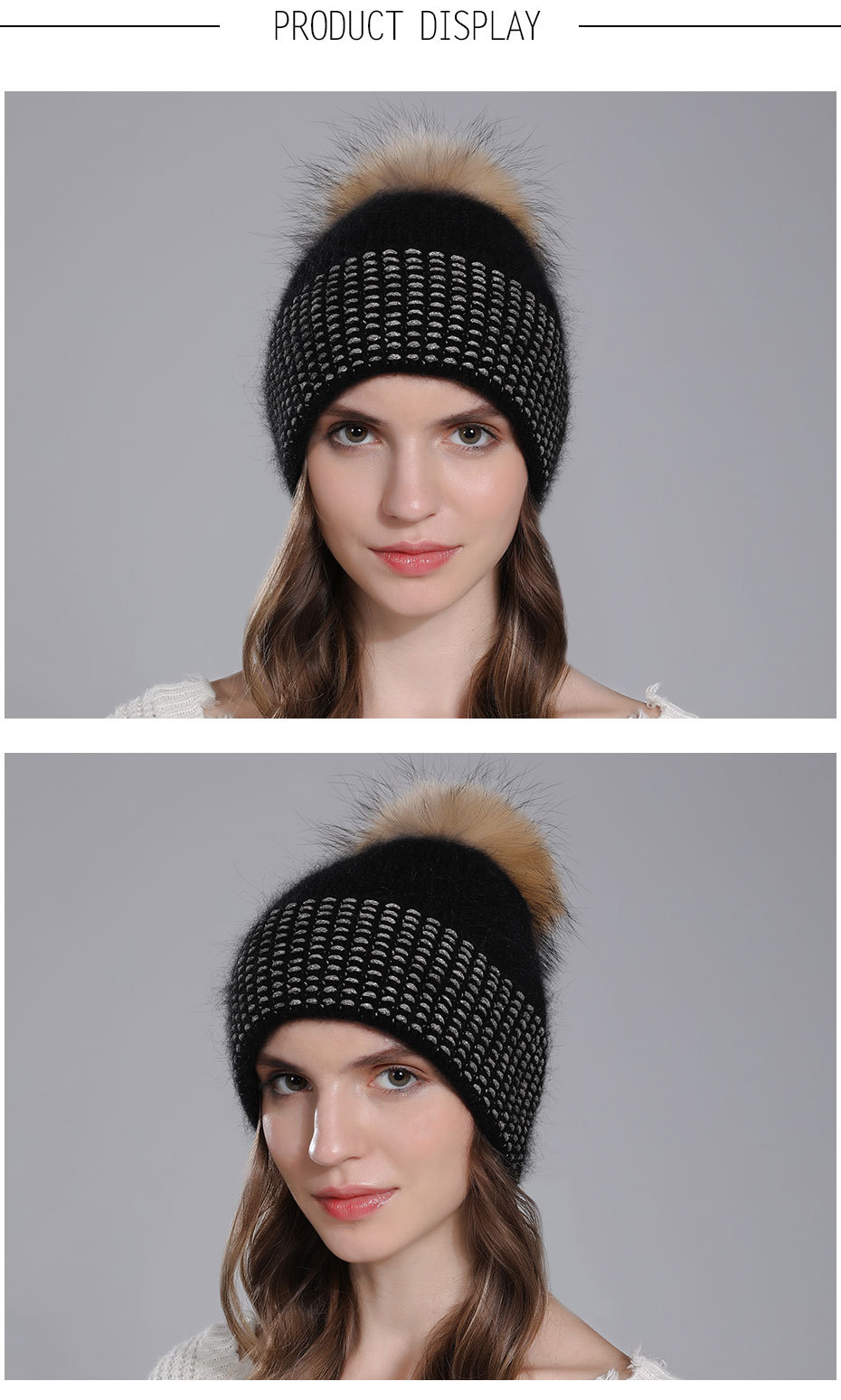 Ægte vaskebjørnepelsbold til kvinder, kaninhår strikket varmt til børn, moderigtig vinteruldhue_voghion.com