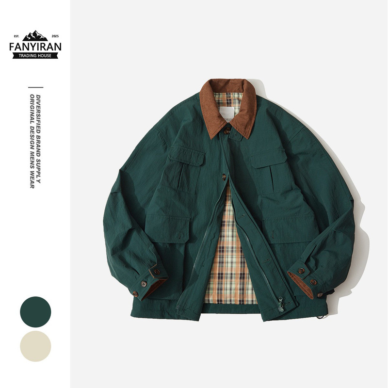 Broallybr Autumn American Retro Outdoor Lapel Jacket Men's Loose Cargo Jacket Hunting Clothes W253