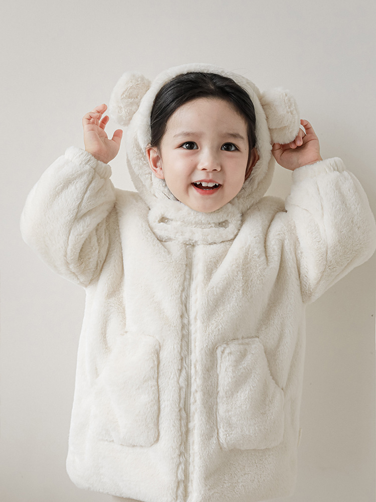 Qiu Duo Meng Girls Stuffed Bear Ears Hat Tops Warm 2025 New Spring and Autumn Children's Cute Loose Top Thick