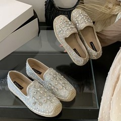2025秋季新款女鞋水钻圆头麻底渔夫鞋小香风女单鞋一脚蹬豆豆鞋