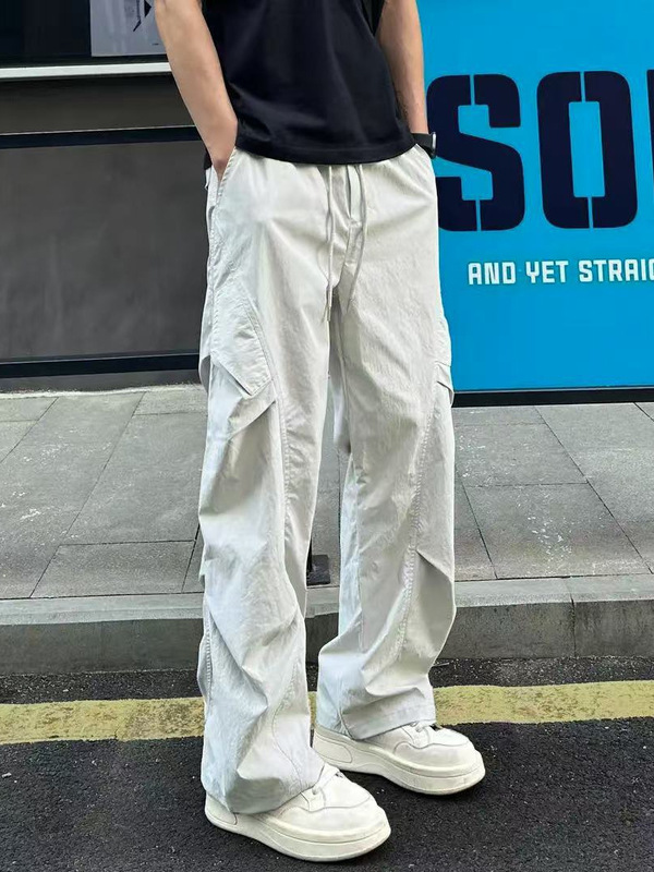 新しい 2025 プリーツトレンディなストレートカジュアルパンツメンズ夏薄いルーズアウトドア作業服速乾性ズボン男性|undefined