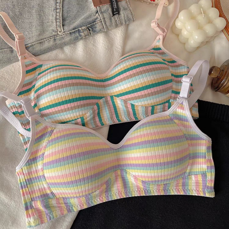 Student Girl's Contrasting Rainbow Striped Dopamine Underwear Women's Push-Up Small Breasts Sexy Bra