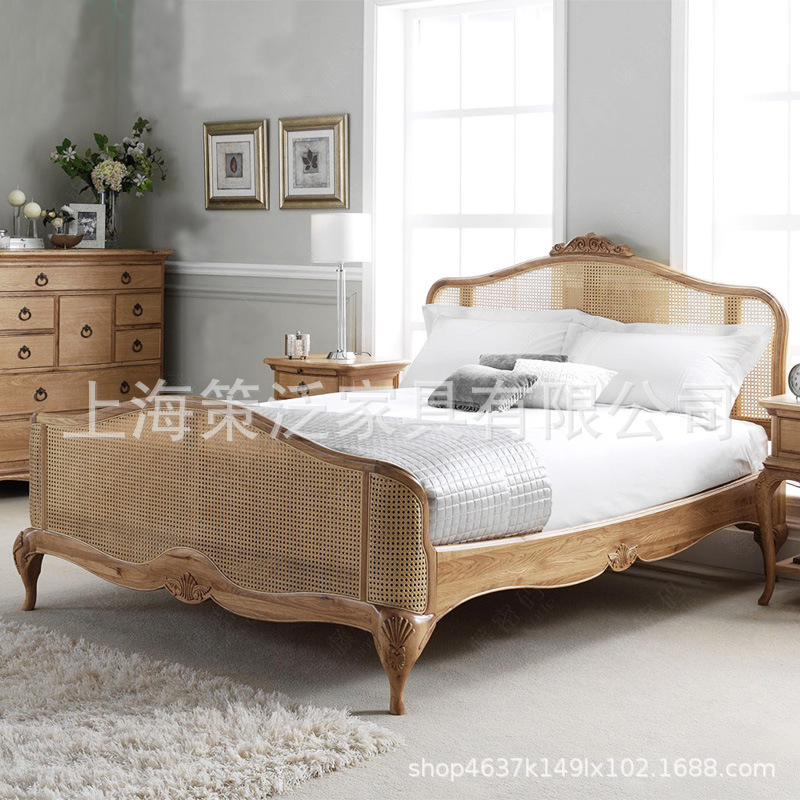 Neoclassical Bedroom Leisure Solid Wood Rattan Wedding Bed French Master Bedroom Retro Old Double Bed Model Room Furniture