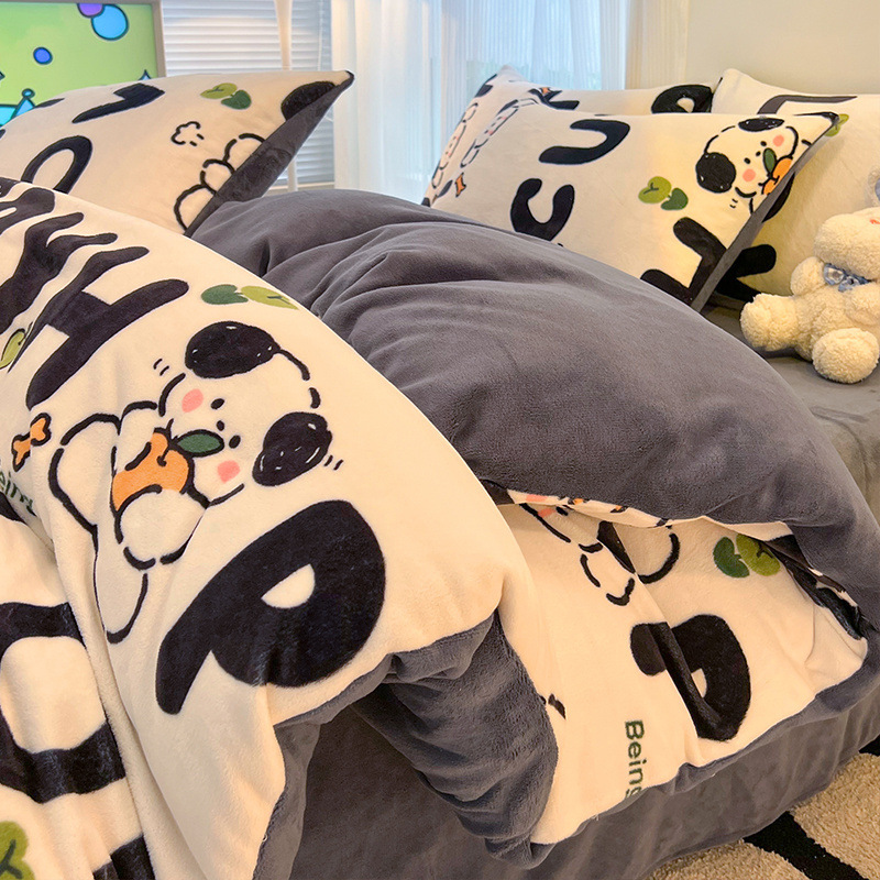 Juego de cuatro piezas de cama gruesa de terciopelo de leche otoño e invierno más funda de edredón de terciopelo sábana de dormitorio de terciopelo de coral juego de tres piezas nuevo