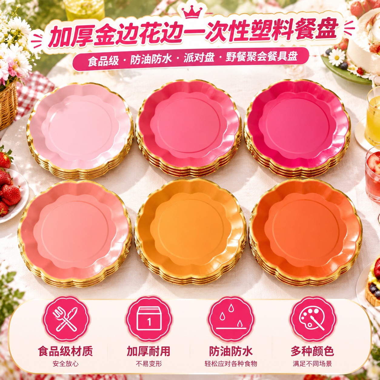Thickened gold-rimmed disposable plastic plates, food-grade, oil-proof, and waterproof, suitable for parties, picnics, and gatherings