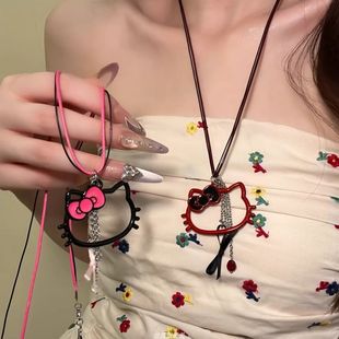 Sweet Girly Heart Cut Out Kitty Cat Pendant Necklace for Women, Sweet and Cool Versatile Long Clavicle Chain Accessories
