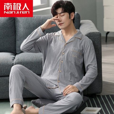 Pijamas de los hombres manga larga 100% algodón primavera, otoño e invierno algodón flojo más tamaño traje desgaste del hogar