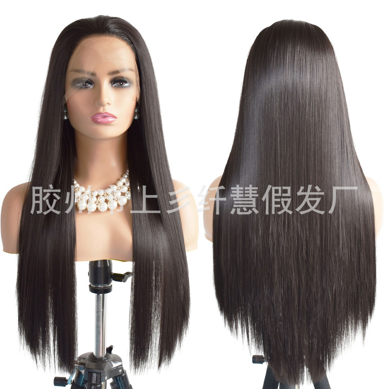 Hand hook wig front lace chemical fiber head cover black tea color female long straight hair matte high temperature silk hair cover factory wholesale