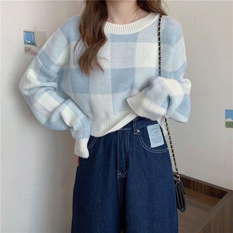 Checkerboard Short Knitted Sweater Women's 2023 Autumn and Winter New Korean Style Loose All-match Long Sleeve Lazy Style Soft Waxy Top