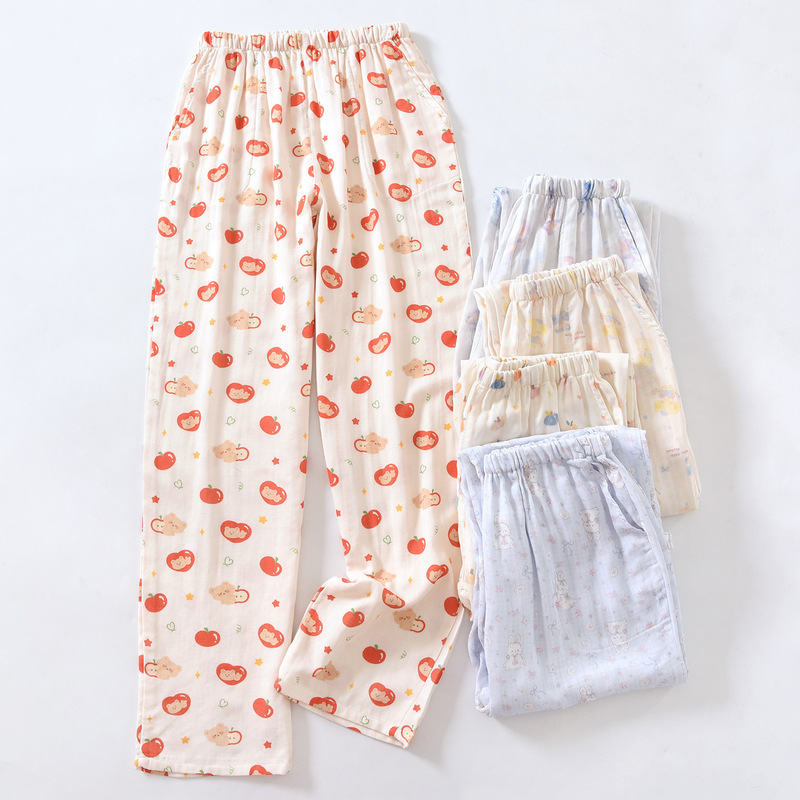 Bamboo Fiber Cotton Pajama Pants for Women, Cartoon Straight-Leg Home Pants, Can Be Worn Outside, Double-Layer Gauze, Suitable for Spring, Summer, Autumn, and Winter