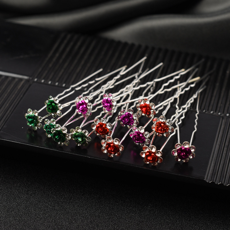 U-Shaped Pin Pearl Inlaid with Diamond Flowers Women's Hair Fork Hair Accessories Hairpin European and American Bridal Headdress Rose Flower Ornaments