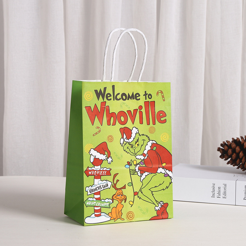 グリンチのクリスマスをテーマにしたギフト包装袋、漫画風パーティーギフト包装袋、ハンドバッグ、クラフト紙|undefined