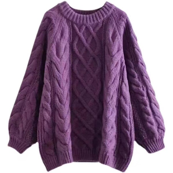 Demi-season knitted purple cute sweater with a round collar