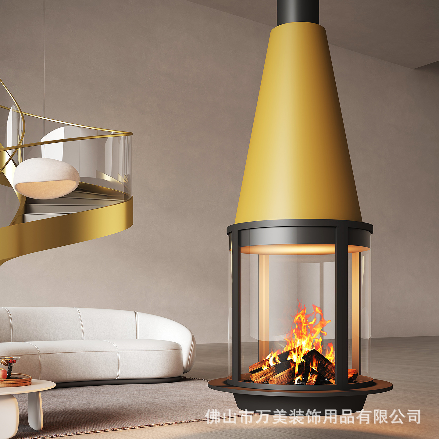 Floating hanging fireplace, hanging wood-burning real fire, simulated flame, atomizing stove, suitable for B&Bs, clubs, and duplex apartments, decorative fireplace