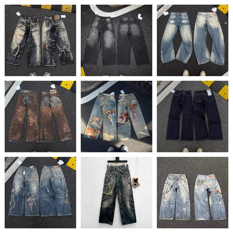 2026 Trendy Brand a C Hand-Painted Splash Ink Ripped Print Graffiti Ripple Loose Wide-Leg Jeans Unisex Collection 2026 Trendy Brand a C Hand-Painted Splash Ink Ripped Print Graffiti Ripple Loose Wide-Leg Jeans Unisex Collection