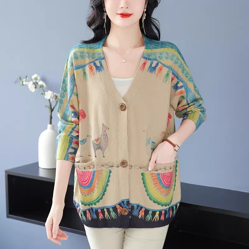 2024 Factory Original Design New Autumn/Winter Personalized Print Loose Casual V-Neck Single-Breasted Mink Fleece Coat