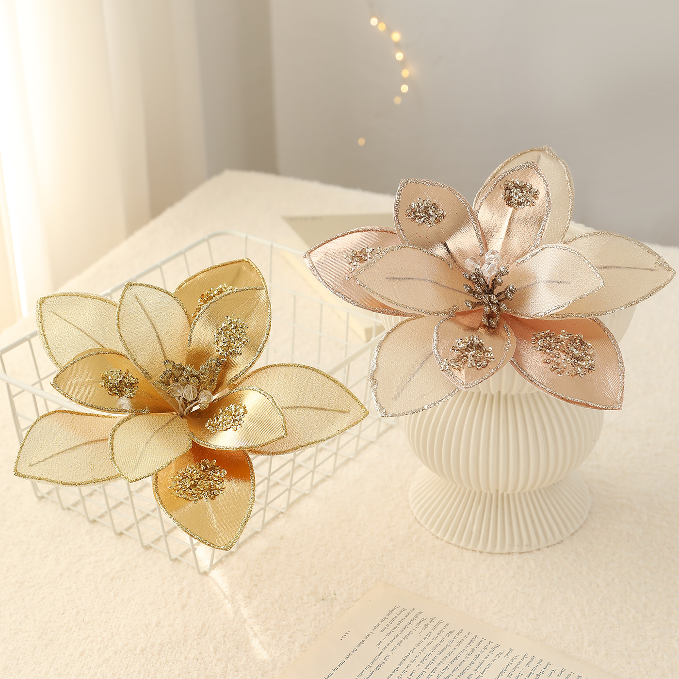 Nuevo producto 15CM tela de alta calidad flores de Navidad polvo de oro flor de polvo de polvo flor de Navidad decoración de caña de corolla