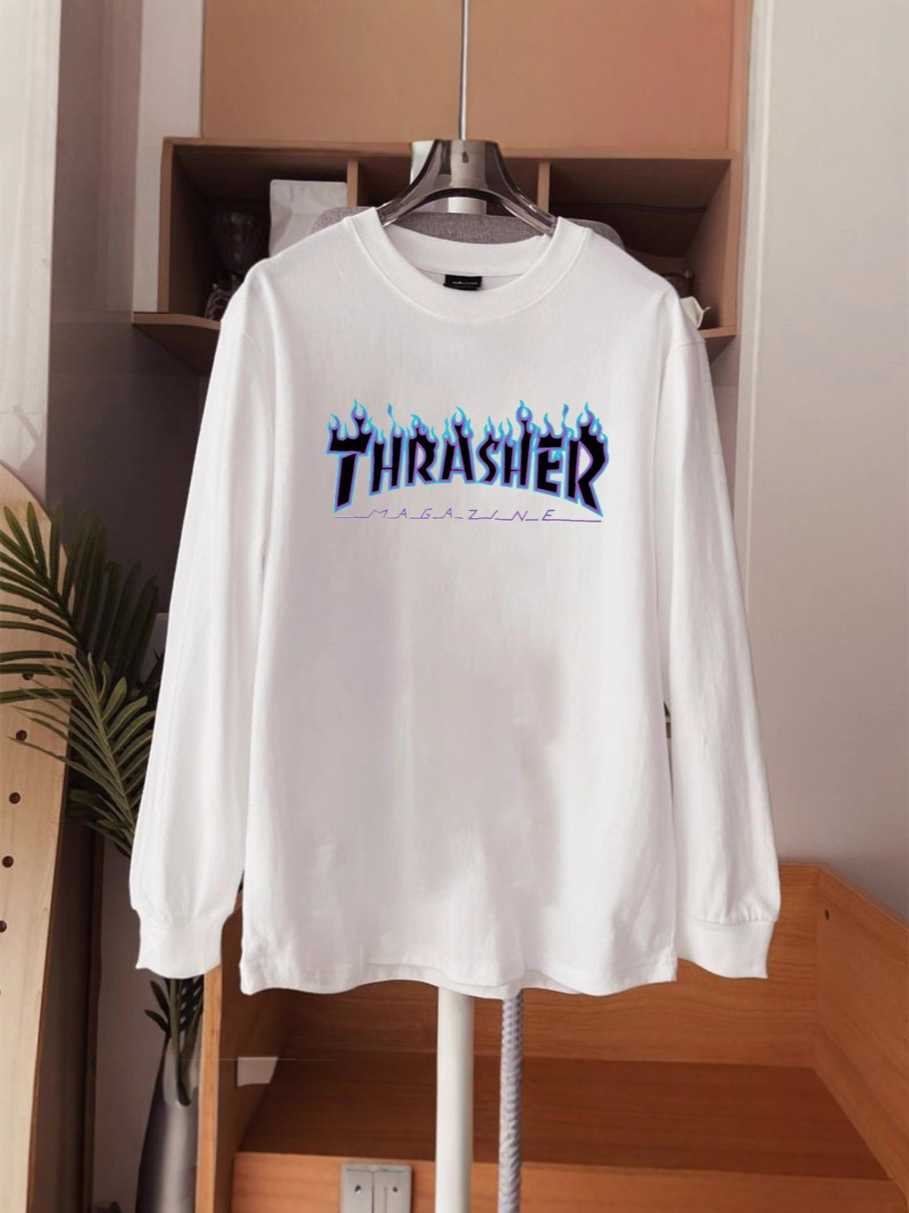 Comercio extranjero transfronterizo Thrasher edición americana limitada multicolor medusa llama cuello redondo camiseta de manga larga camiseta de base para hombres y mujeres
