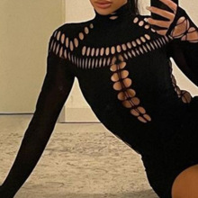 欧美2024新款女秋冬季性感高领镂空长袖修身街头高级感时尚连体衣