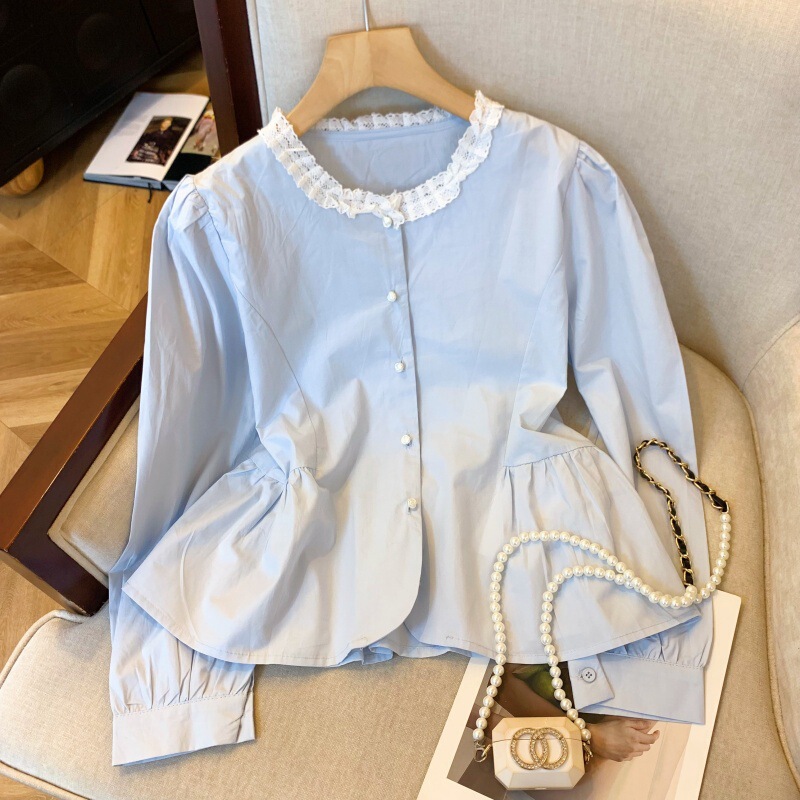 2025 spring new stitching lace round neck rose buckle long sleeve solid color gentle temperament shirt top