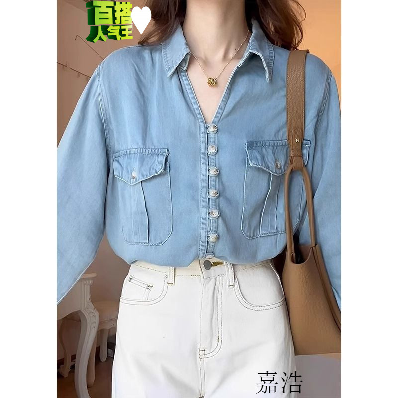 法式蓝色POLO领牛仔布外套新款设计感小众衬衣长袖女