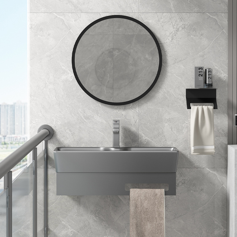 Soporte de acero inoxidable cuenca colgada en la pared gabinete de baño alta temperatura integral cuenca cerámica lavabo de mano con control de toalla de baño doméstico