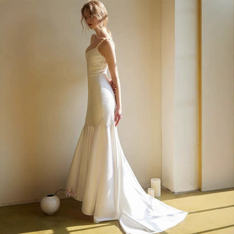Morning gown dress engagement gauze white satin dress 2025 heavy industry travel photography evening gift bride party new style