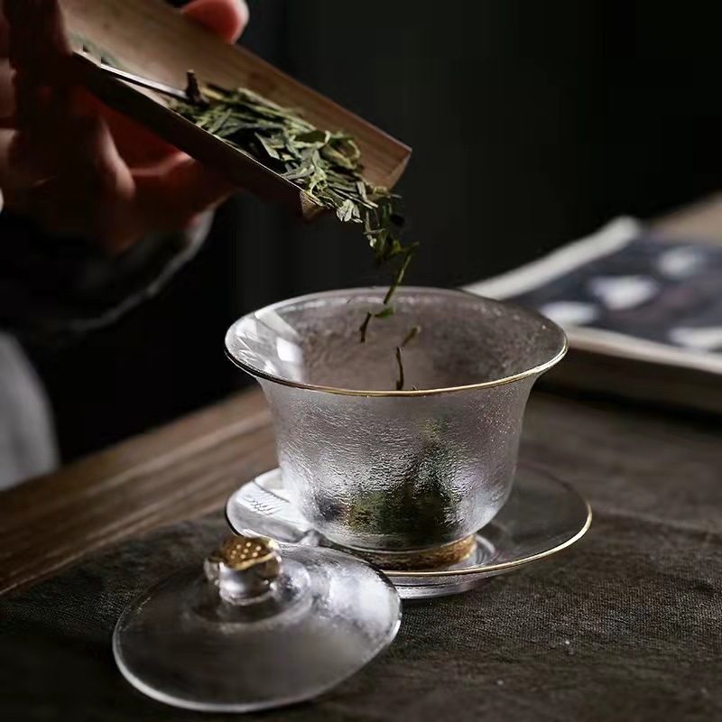 日式手工麻面耐热玻璃梅花三才盖碗功夫茶具泡茶器茶道配件公道杯