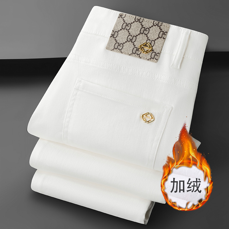 High-End Trendy Brand 2026 Autumn and Winter Youth Elastic Slim Straight White Decorative Fleece-Lined Thickeneded Jeans for Men