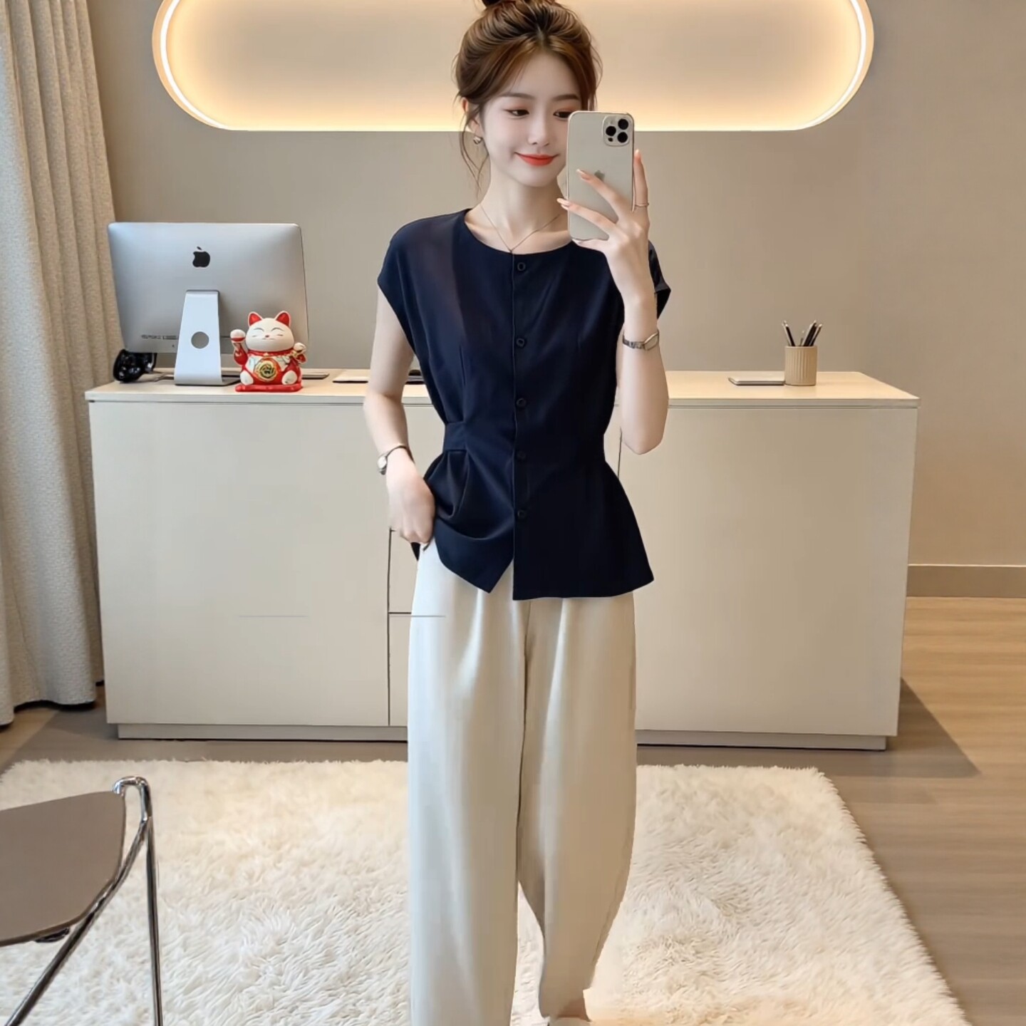 Áo sơ mi nữ linen tay ngắn thắt eo, kiểu dáng công sở mùa hè — Xanh lông mòng đen chi tiết 4
