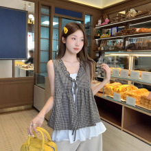 韩系格子小吊带背心两件套女夏季设计感小众宽松外穿无袖衬衫上衣