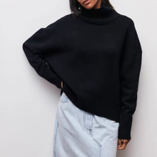 跨境欧美女装毛衣宽松高领秋冬气质百搭小众纯色高级感外套针织衫