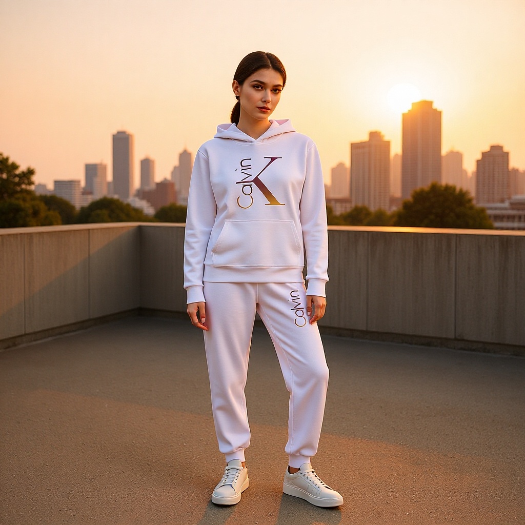 时尚连帽卫衣运动裤两件套 渐变 “Calvin K” 字母印花休闲套装