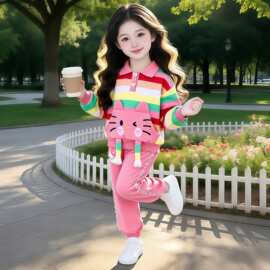 女童卫衣套装春季2026新款洋气时髦儿童春装衣服女宝宝彩条两件套