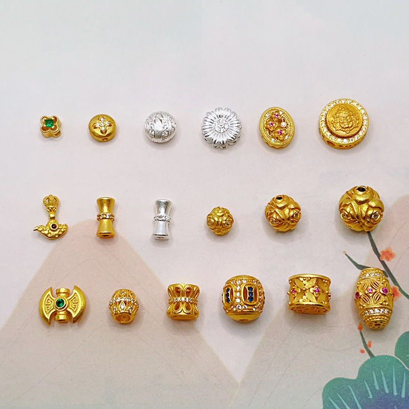 S925 silver, gold-plated, four-leaf clover, yellow Buddha of Wealth, bamboo joint spacer beads, barrel beads, accessories for bracelets, necklaces, and DIY jewelry making