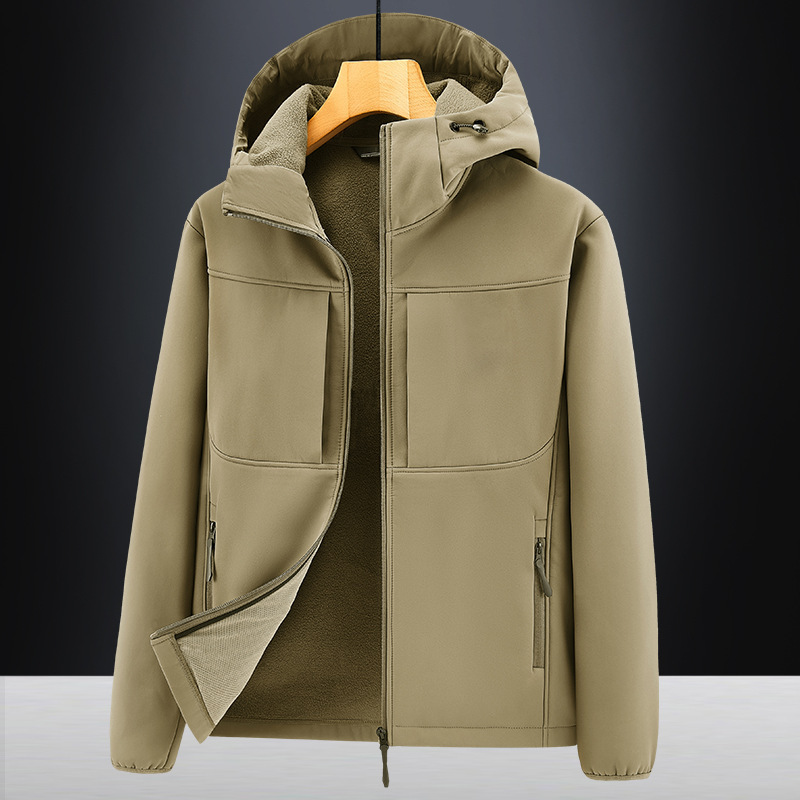 Men's Autumn and Winter Fleece-Lined Soft Shell Single-Layer Large Size Jacket for Young and Middle-Aged Men, New Windproof and Waterproof Mountaineering Clothing