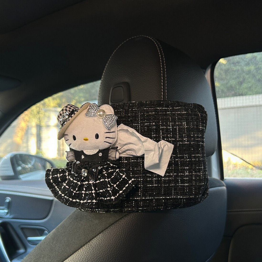 High-End Chanel-Style Hello Kitty Car Tissue Box for Girls, Car Armrest Box Tissue Holder, Car Plush Toy Tissue Box