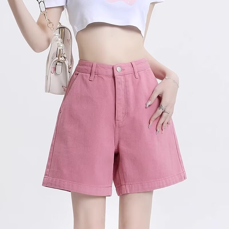 Red Denim Shorts Women's Summer New High Waist Hip Covering Casual Wide Leg Pants Loose Slim-fit A- shaped Five-point Mid-length Pants Red Denim Shorts Women's Summer New High Waist Hip Covering Casual Wide Leg Pants Loose Slim-fit A- shaped Five-point Mid-length Pants