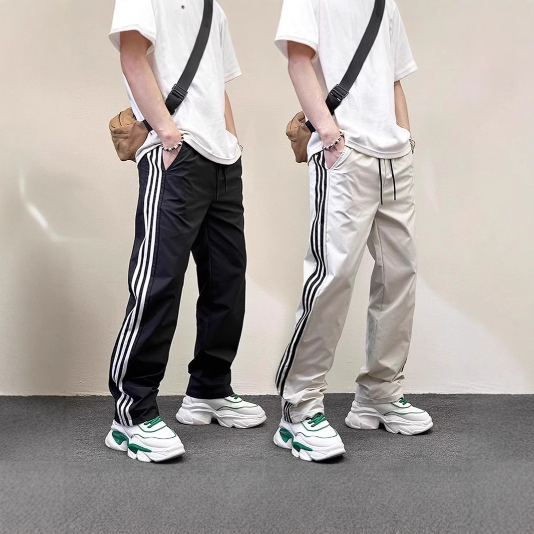 Men's Summer Thin Striped Quick-Drying Casual Pants, Versatile Trendy Brand Loose Straight Trousers, Three-Stripe Sweatpants