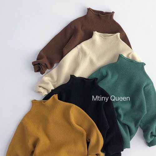 Two pieces in hand ~ children's sweaters, spring and autumn Korean version, trendy treasures for men and women, personalized rolled edge high-neck sweaters, modern style