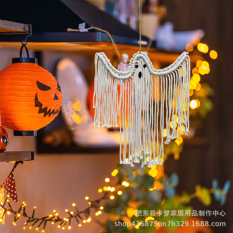 Halloween Decoration Hanging Handmade Woven White Ghost Wall Hanging Holiday Scene Decoration