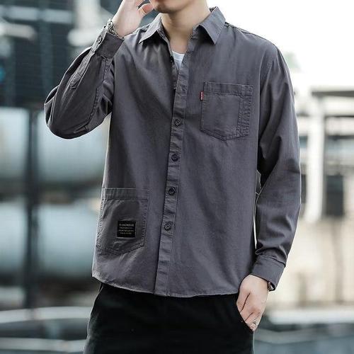 Japanese retro work-style crew neck shirt for men, long sleeve, Korean version, trendy loose pocket shirt, versatile casual outerwear for youth