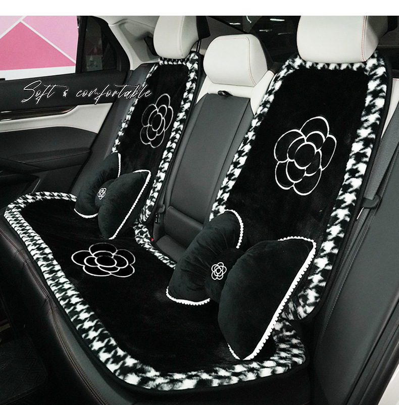 Winter Plush Car Cushion High-grade Camellia Houndstooth Side Car Seat Cushion Non-slip Warm-keeping Car Seat Cushion