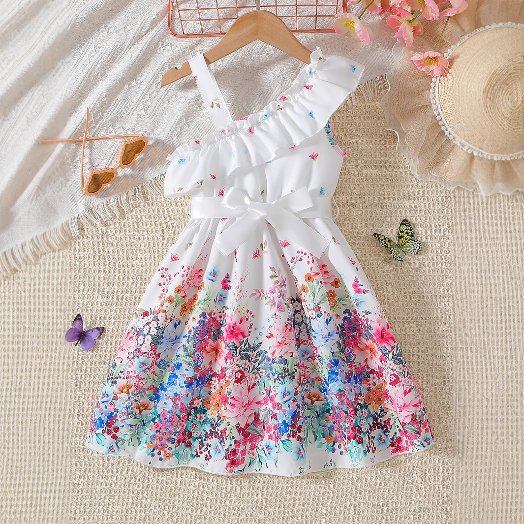Ls00062 Cross-Border Children's Clothing Wholesale Girls White Slanted Shoulder Suspenders Full Printed Flower Dress with Belt