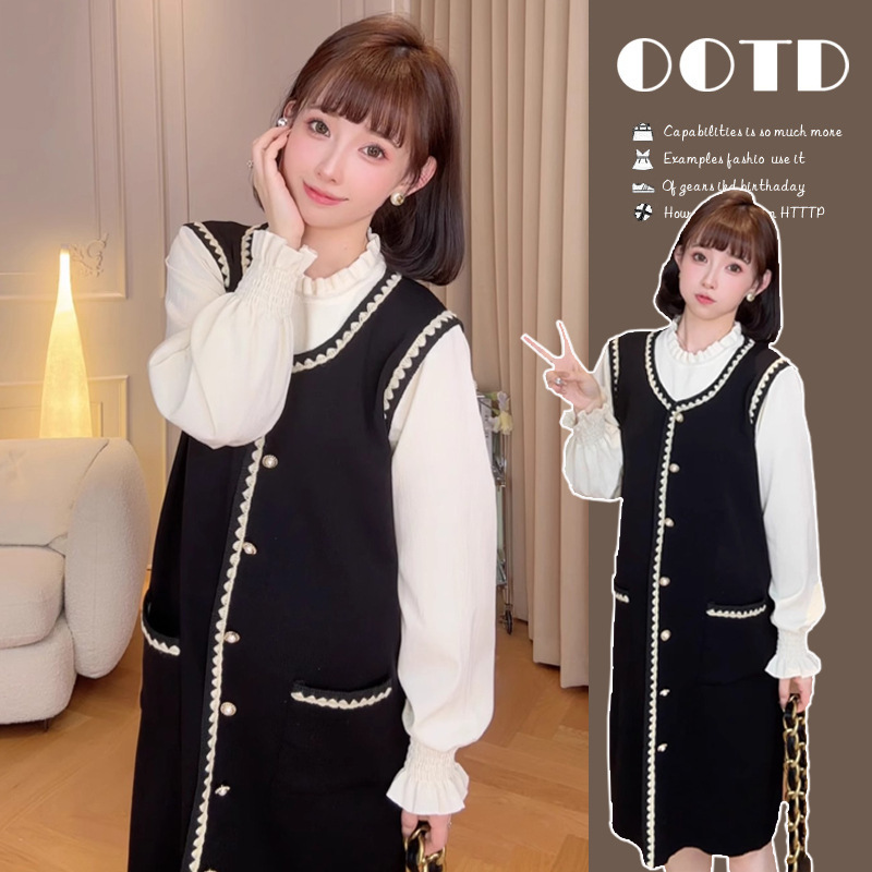 New Knitted Sweater Autumn and Winter Maternity Dress Half-turtleneck Fungus Edge Fake Two-piece Pregnant Women dress Breastfeeding Skirt