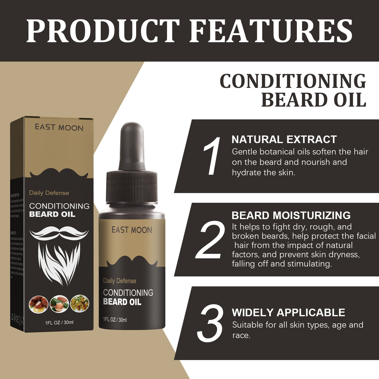 East Moon Beard Care Oil Men's Beard Care Nourishing Moisturizing Softening and Brightening Hair Beard Care