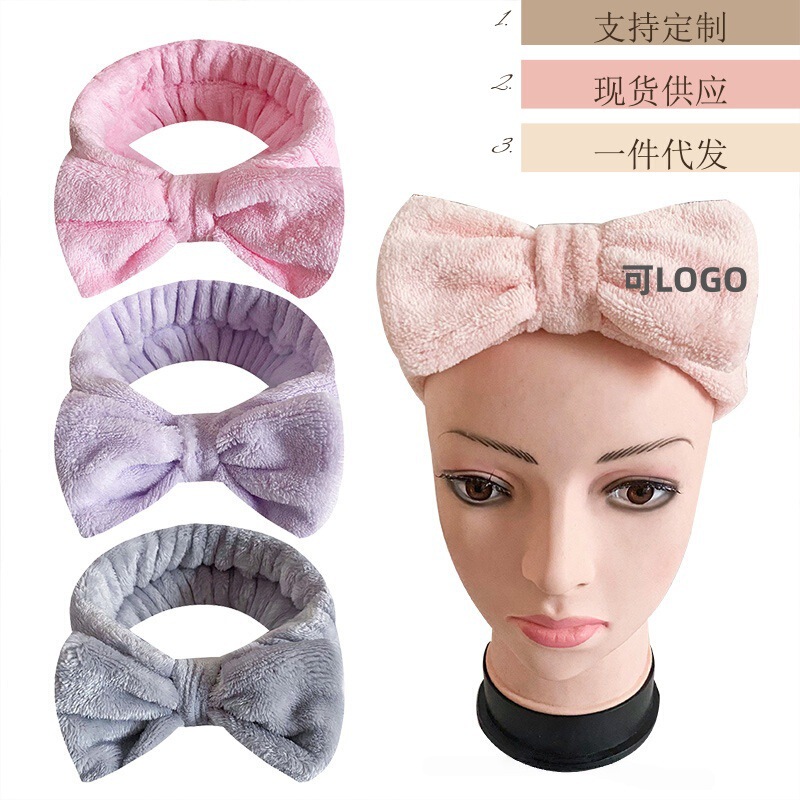 European and American Bow Headband Three-Piece Set for Face Washing and Moisture-Proof Headwear for Women Waterproof Sweat-Absorbent Plush Wrist Strap Pure Color Hair Accessories