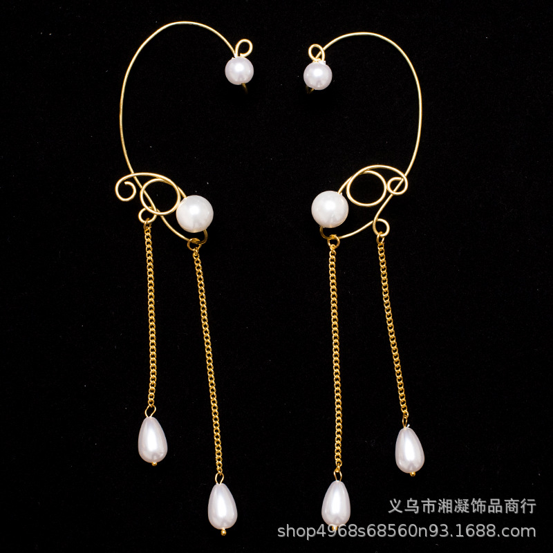 Unique single-piece long tassel faux pearl earrings, gold-plated with pearls, wholesale jewelry