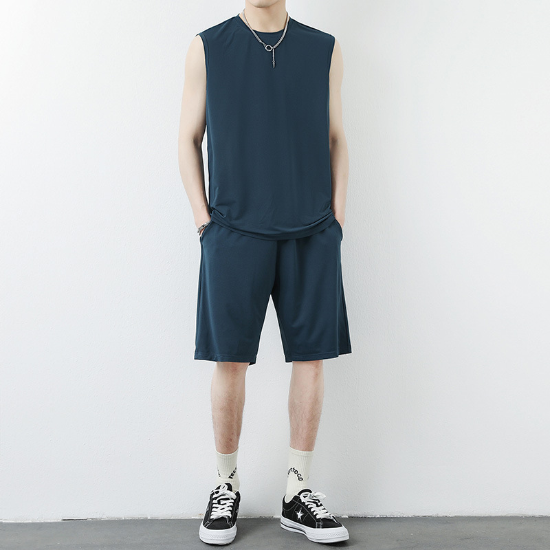 Nueva camiseta corta sin mangas para hombres marca de moda casual de verano nuevo chaleco de dos piezas juego de ropa deportiva de verano para hombres hielo